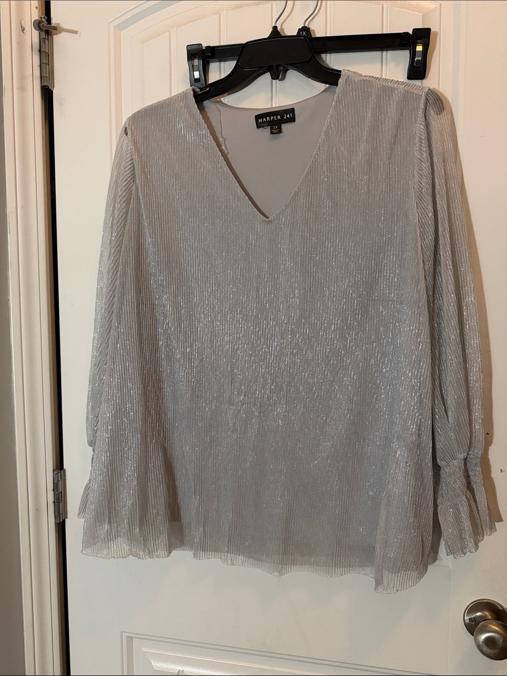 Harper Silver Metallic V-Neck Long Sleeve Blouse